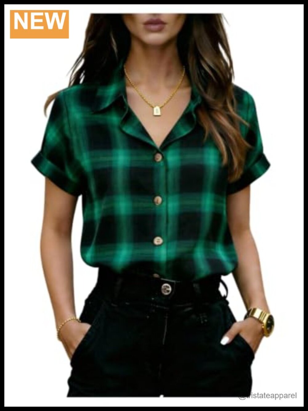 Plaid Button Down Blouse - Short Sleeve Collared Work Top